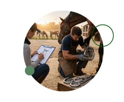 Herrador trabajando el casco de un caballo en un establo, ajustando una herradura con herramientas profesionales en un entorno ecuestre simbolizando el cuidado de la salud equina.