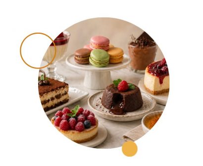 Tipos de postres variados en presentación profesional sobre mesa de pastelería gourmet.