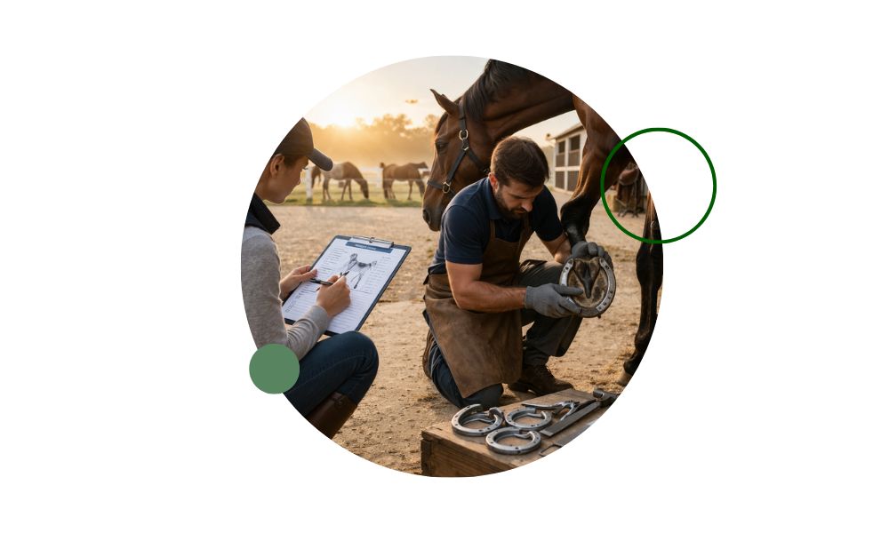 Herrador trabajando el casco de un caballo en un establo, ajustando una herradura con herramientas profesionales en un entorno ecuestre simbolizando el cuidado de la salud equina.