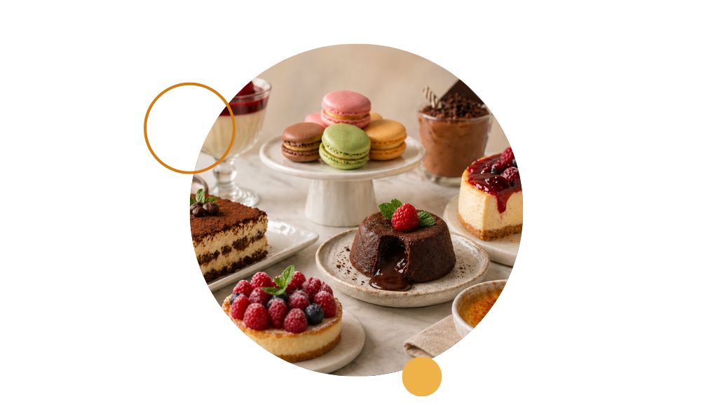 Tipos de postres variados en presentación profesional sobre mesa de pastelería gourmet.